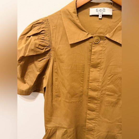 SEA Sienna Puff-Sleeve Stretch-Cotton Jumpsuit Tan Sz 4 - Picture 6 of 16